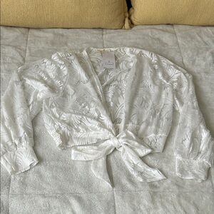 White Tie-Front Sheer Tropical Print Blouse